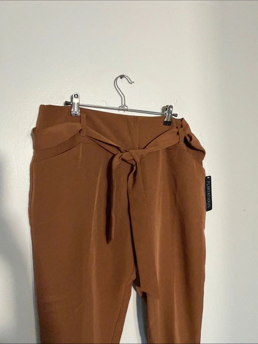 High-Rise Tie-Waist Brown Tapered Trousers - Picture 3 of 5